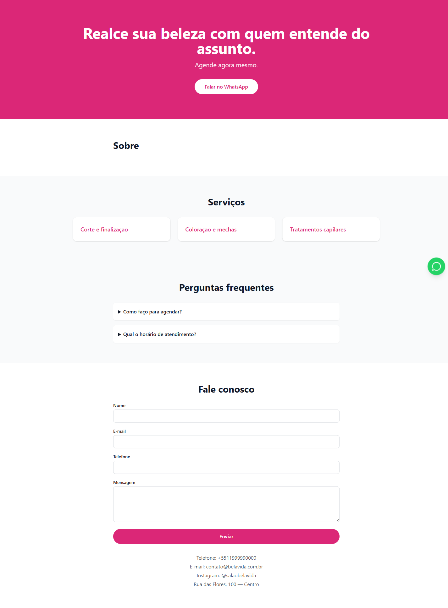 Site público do cliente com serviços e botão de agendamento